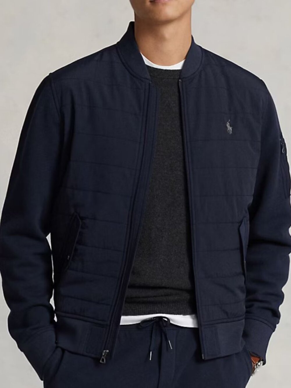 Polo Ralph Lauren Hybrid Quilted Bomber Jacket Knit Sleeves Navy Large